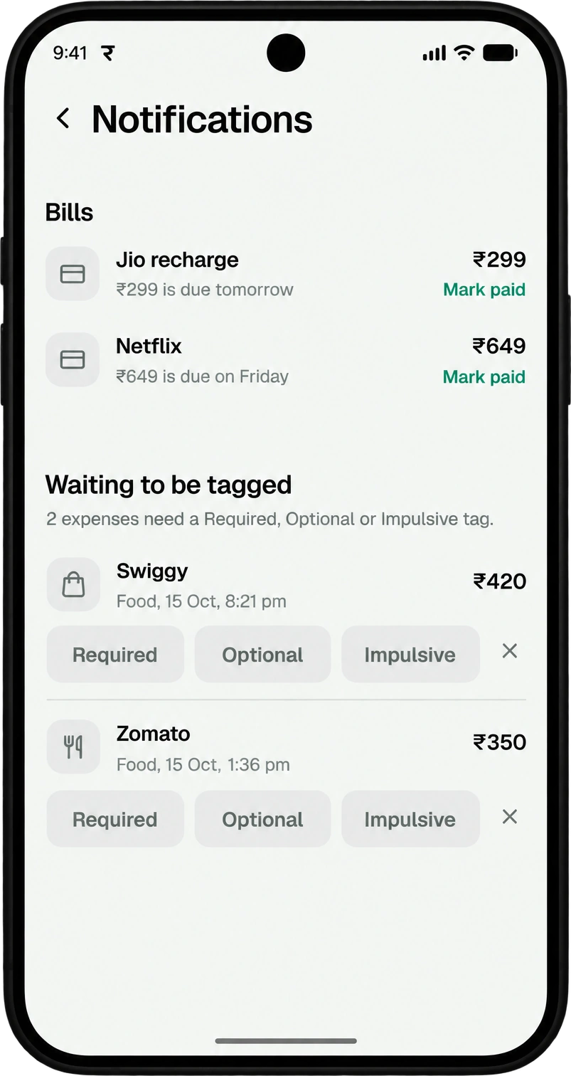 Spenrol notifications: bills due tomorrow and on Friday with Mark paid, and two expenses waiting for a Required, Optional or Impulsive tag