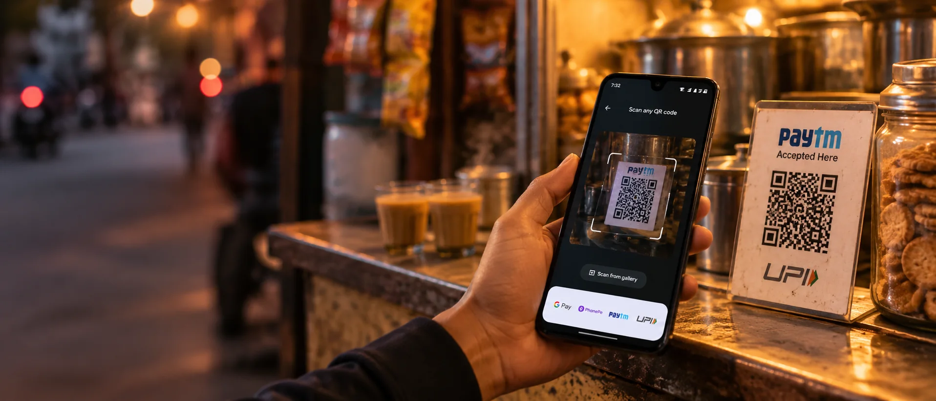 A hand holding a phone to scan a Paytm UPI QR code at a chai stall in the evening